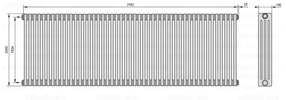 Схема (чертеж) Радиатор Zehnder Charleston 4200/47 №1270 Белый глянцевый RAL 9016